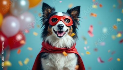 Superhero Dog: Festive Portrait with Confetti and Balloons photo