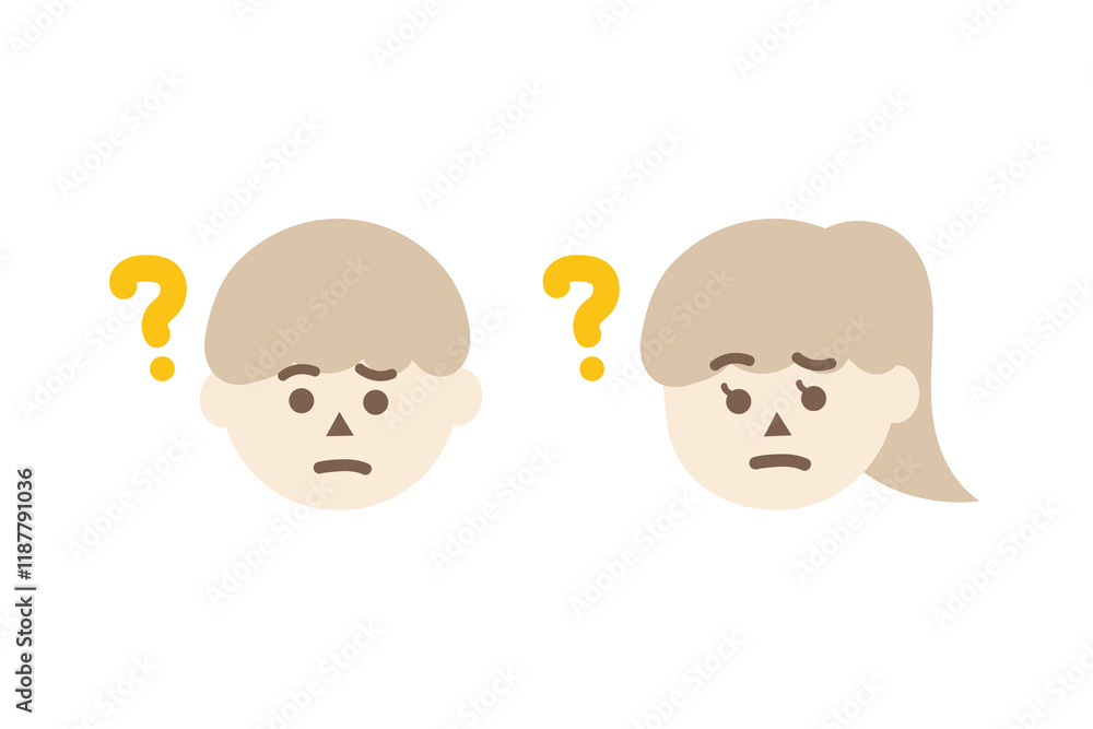 Confused child boy and girl head with question mark. Facial expression, feeling, trouble, solution concepts. Flat people character vector design isolated illustration. Confused child boy and girl head with question mark. Facial expression, feeling, trouble, solution concepts. Flat people character vector design isolated illustration.