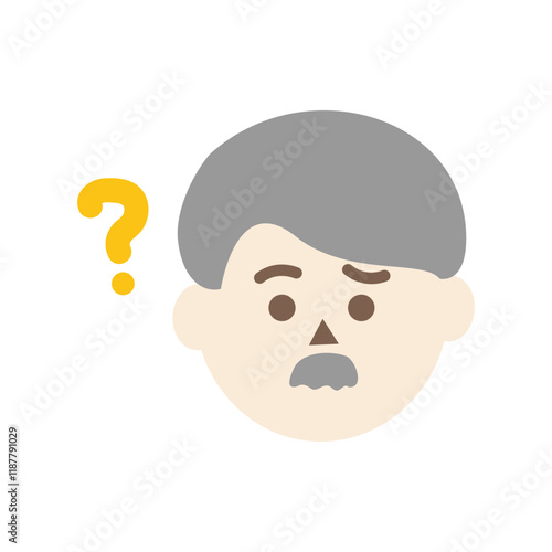 Confused elder man head with question mark. Facial expression, feeling, trouble, solution concepts. Flat character vector design isolated illustration.