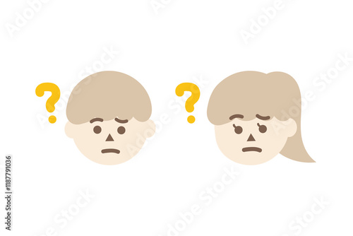 Confused child boy and girl head with question mark. Facial expression, feeling, trouble, solution concepts. Flat people character vector design isolated illustration.