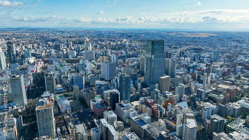 city, urban, landscape, scenery, town, aerial view, society, prospect, drone, business, economy, era, real estate, bird eye view, high-angle, panorama, horizon, seen from above, looking down, blue sky photo