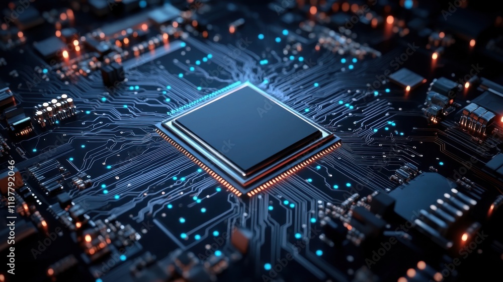 High-Resolution Image of Modern Microchip on Circuit Board with Glowing Electric Connections