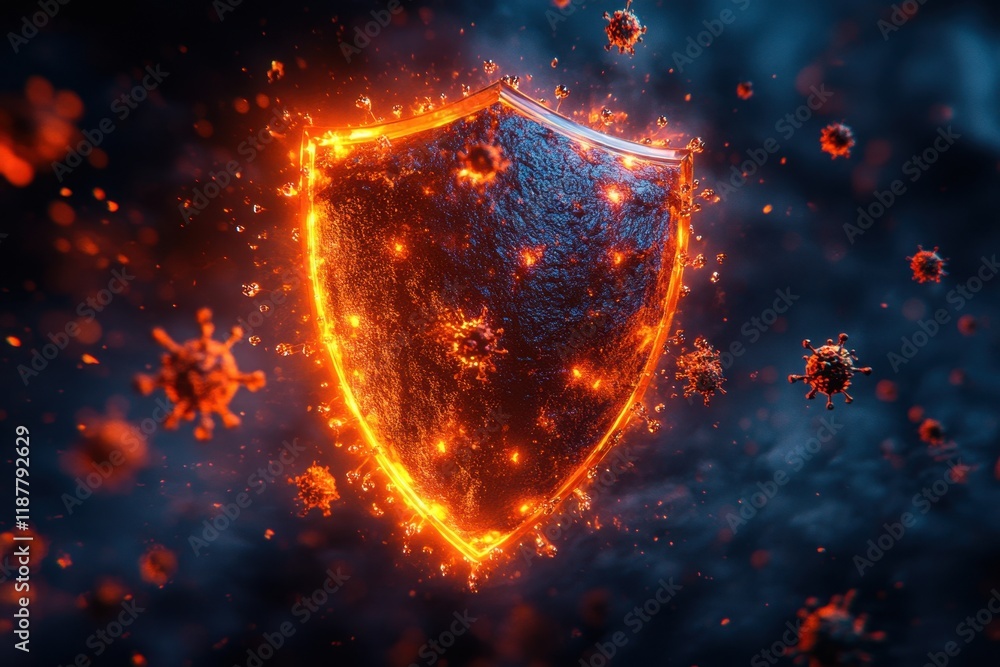 Obraz premium Animated shield icon blocking floating virus particles, glowing protective energy effect