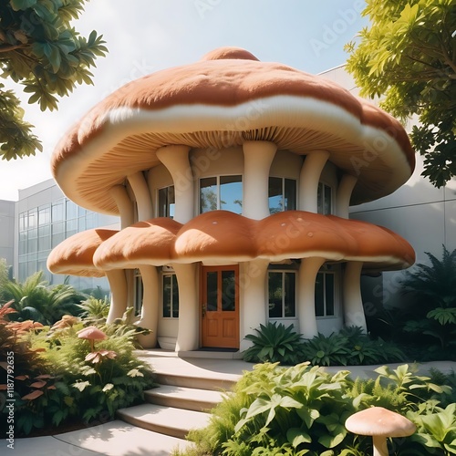 Enchanted Mushroom House: A whimsical architectural marvel nestled amidst lush greenery, showcasing unique design and serene atmosphere. photo