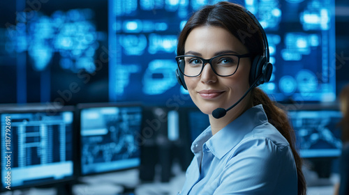 A focused woman with a headset, smiling in a tech-filled environment, surrounded by multiple computer screens displaying data and analytics.