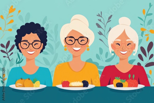 Three Diverse Women Enjoying Colorful Dishes with Fresh Fruits and Vegetables on a Table Surrounded by Leaves and Plants in a Cheerful Environment