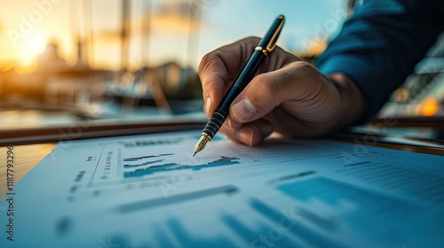 Close-up of hand pointing with a pen on a stock market graph. photo