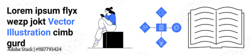 Woman seated reading phone, flowchart-style tech icons, open book. Ideal for education, digital learning, e-books, online courses, knowledge sharing self-study modern education tools. Landing page