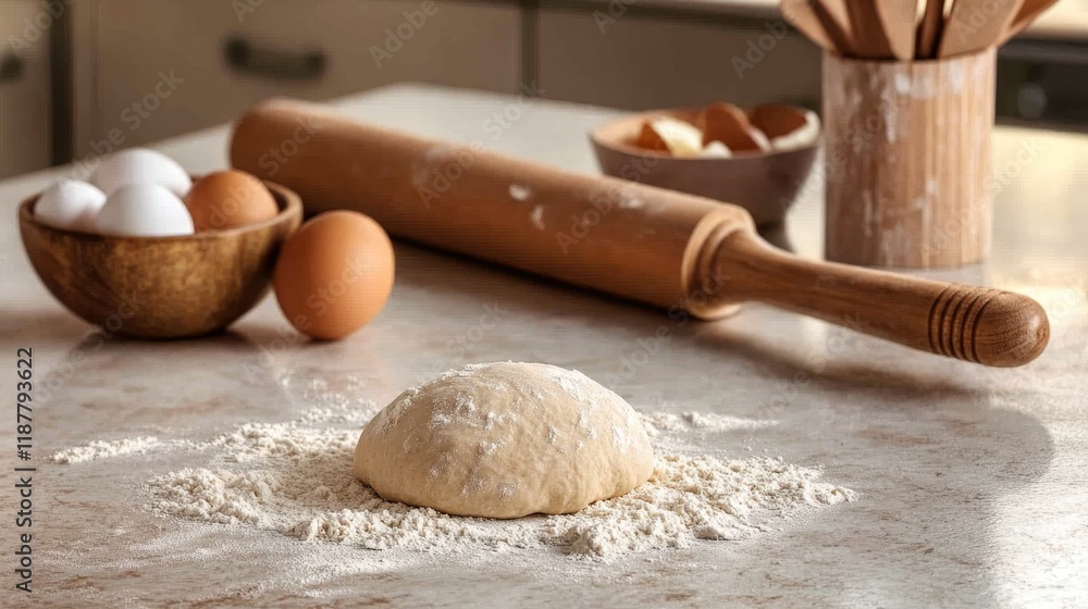 Fresh dough on floured surface with eggs and rolling pin in rustic kitchen Fresh dough on floured surface with eggs and rolling pin in rustic kitchen