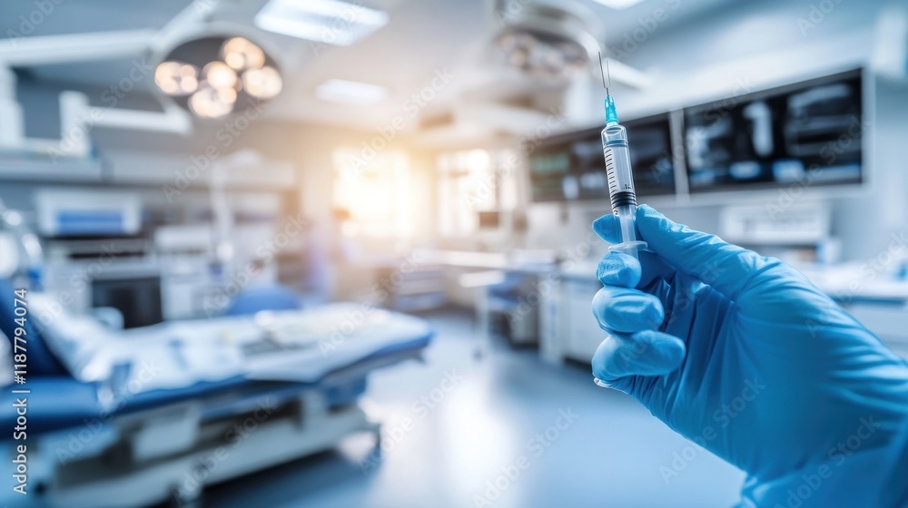 Gloved hand holding syringe in modern operating room. Gloved hand holding syringe in modern operating room.