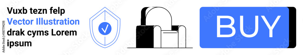Text block, shield with checkmark, abstract house outline, and blue BUY button. Ideal for e-commerce, online shops, purchasing, digital transactions, safety, security, UIUX, and landing page Text block, shield with checkmark, abstract house outline, and blue BUY button. Ideal for e-commerce, online shops, purchasing, digital transactions, safety, security, UIUX, and landing page