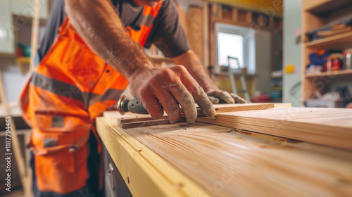 a worker is working on a wooden kitchen