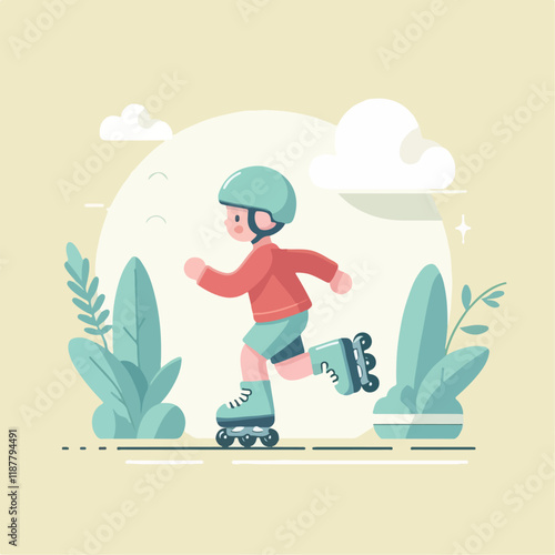 vector image of a small child playing on roller skates