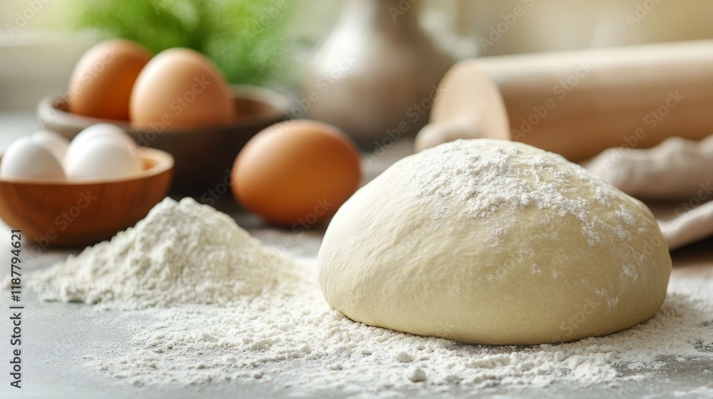 Fresh dough and ingredients for baking with eggs and flour on kitchen counter Fresh dough and ingredients for baking with eggs and flour on kitchen counter