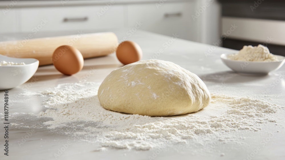 Fresh dough on floured surface with eggs and rolling pin in kitchen setting Fresh dough on floured surface with eggs and rolling pin in kitchen setting