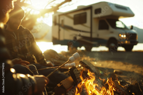 RV camper sitting in background with sun shinning