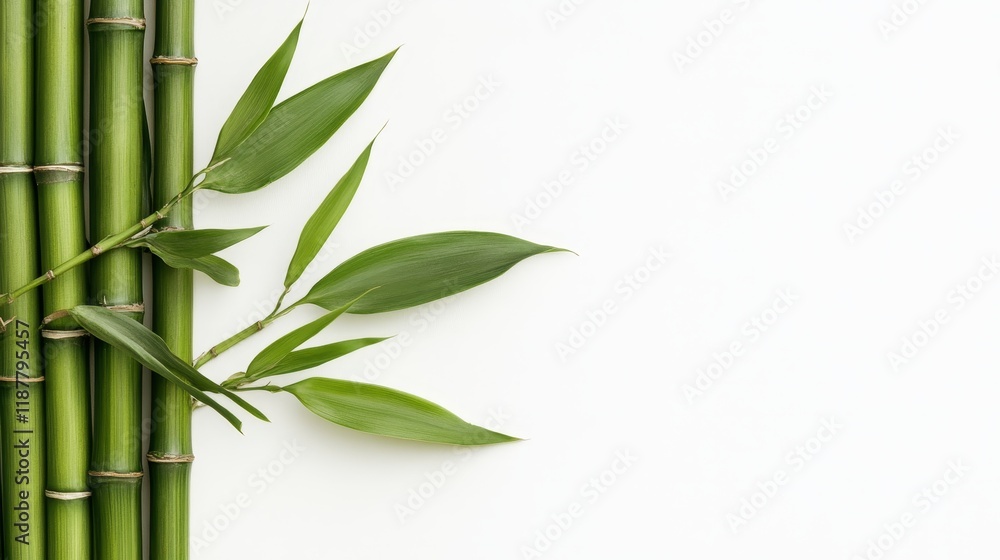 Naklejka premium Green bamboo stalks and leaves on white background