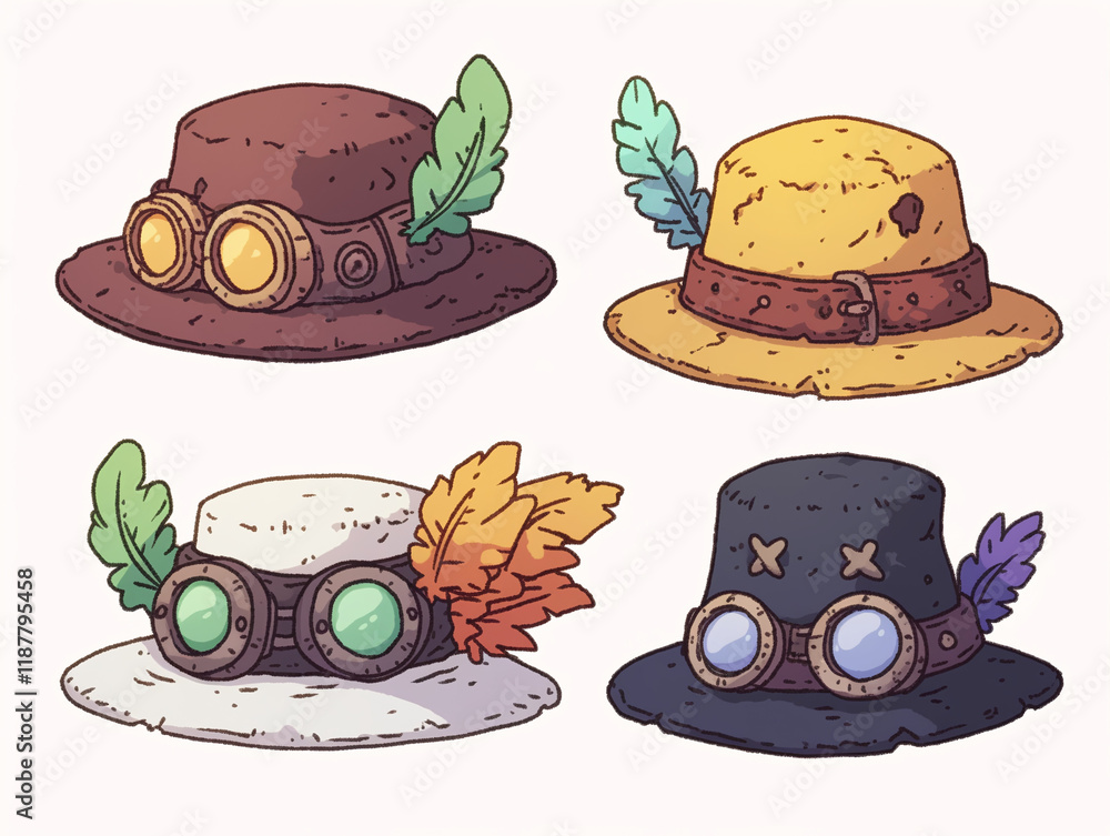 Fototapeta premium Four Steampunk Hats Illustration