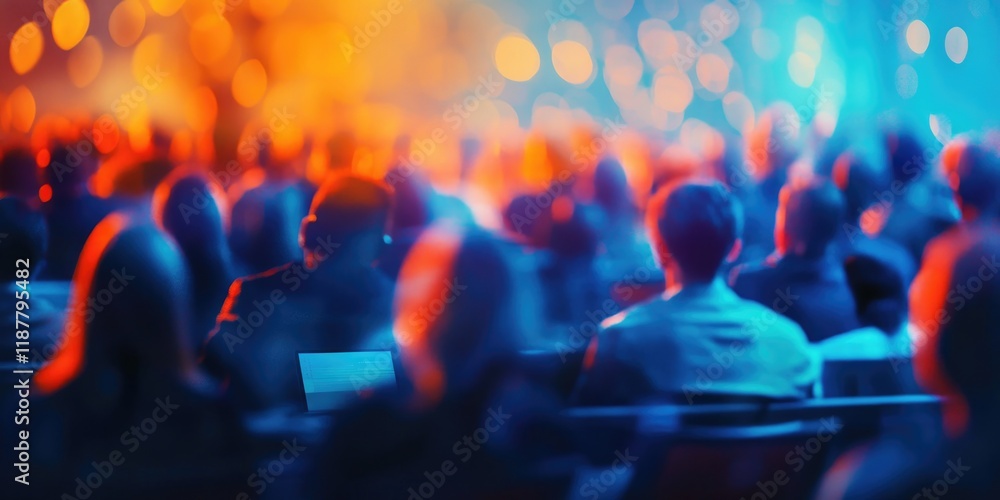 Abstract interpretation of a crowded educational seminar featuring blurred individuals and vibrant lights. Abstract interpretation of a crowded educational seminar featuring blurred individuals and vibrant lights.