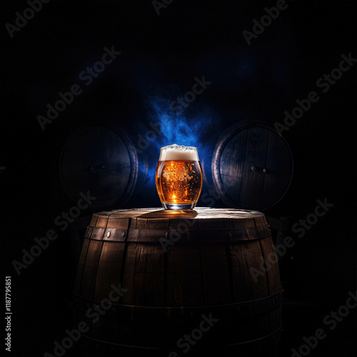 glass of beer on an oak barrel