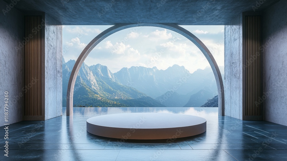 Fototapeta premium 24.A peaceful product showcase environment with a round podium surrounded by water. The glass wall and minimalist arch design enhance the view of the distant mountain peaks, creating a blend of