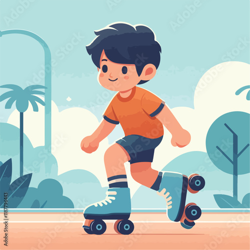 vector image of a small child playing on roller skates
