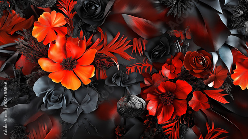 Bold floral composition featuring red and black flowers against a dark background