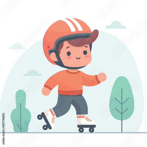 vector image of a small child playing on roller skates