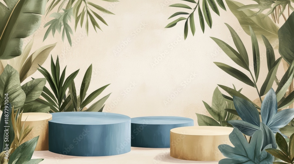 38.A clean, modern composition with alternating blue and golden geometric platforms. Tropical foliage in soft green frames the scene, creating an elegant contrast against the neutral backdrop.