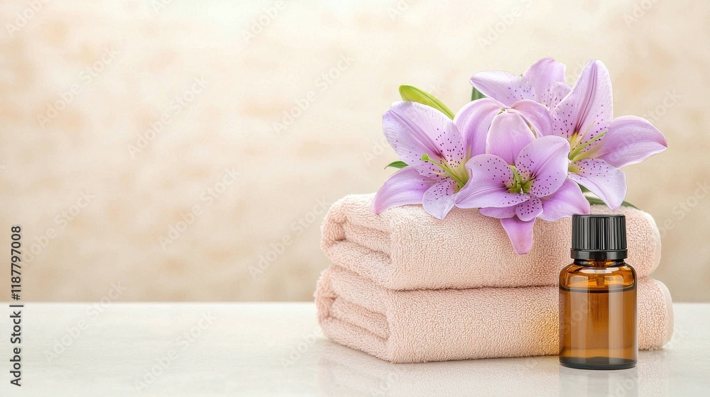 A serene spa scene featuring soft towels, a bottle of essential oil, and fresh pink lilies, creating a calming atmosphere for relaxation. A serene spa scene featuring soft towels, a bottle of essential oil, and fresh pink lilies, creating a calming atmosphere for relaxation.