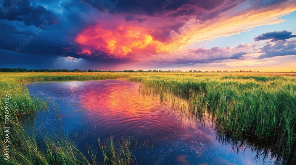 A dramatic view of a stormy sky over a wheat field with significant water pooling. A dramatic view of a stormy sky over a wheat field with significant water pooling.