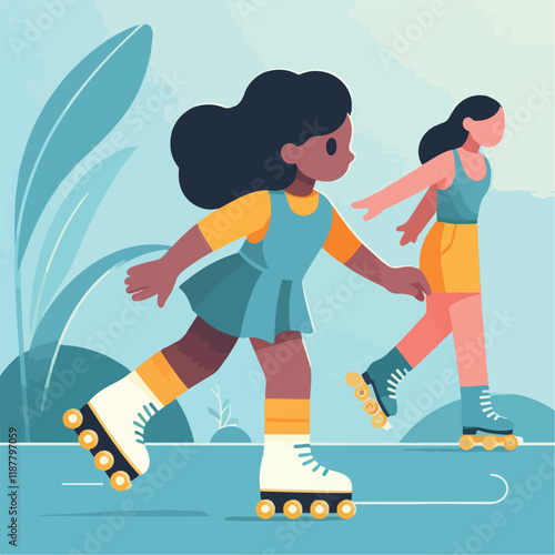 vector image of a small child playing on roller skates