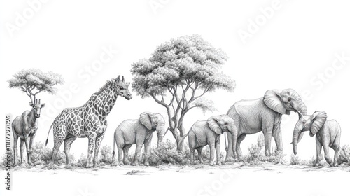 Group of animals stand on plains under a tree, useful for patterns or nature theme photo