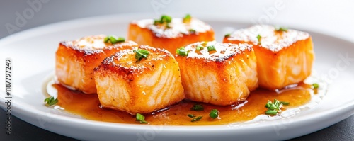 A plate of beautifully cooked salmon cubes with a glossy glaze and garnished with fresh herbs, showcasing an appetizing and gourmet presentation.