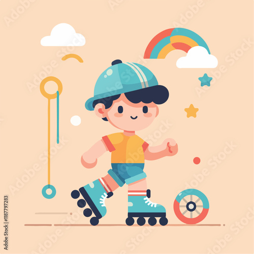 vector image of a small child playing on roller skates