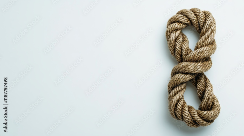 Close-up of nautical knot tied in a figure eight shape on light background Close-up of nautical knot tied in a figure eight shape on light background