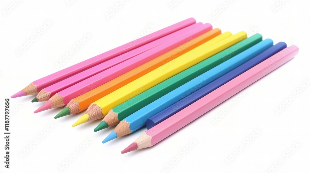 Colorful Pencils in a Neat Line on a White Background Colorful Pencils in a Neat Line on a White Background