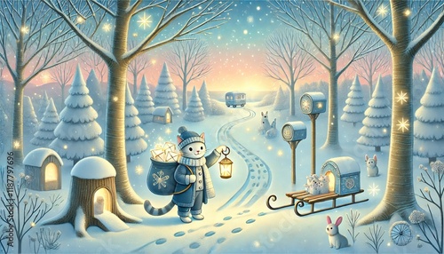 A Whimsical Cat Postman Delivering Glowing Magical Letters in a Serene Snowy Forest on a Spring Evening photo