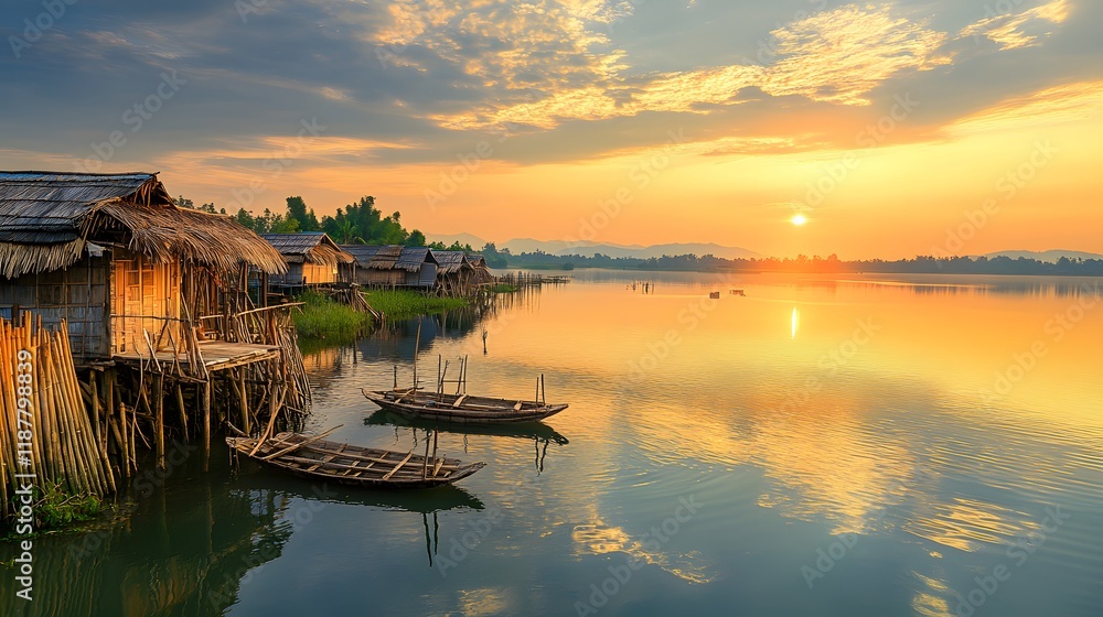 Fototapeta premium Sunrise over stilt houses and boats on calm water