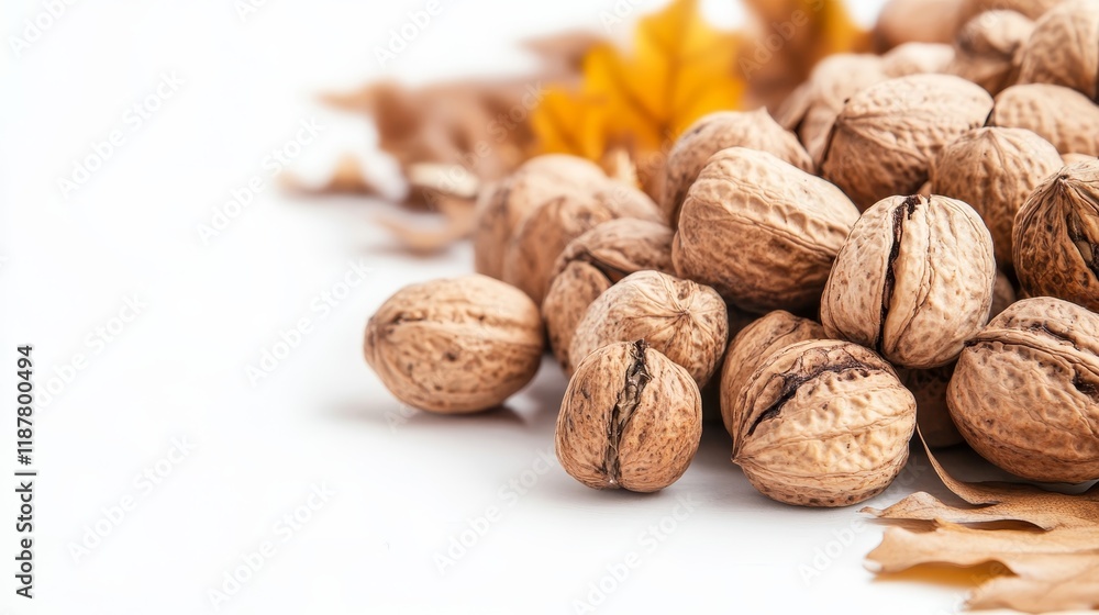 Close-up of walnuts with autumn leaves on white background Close-up of walnuts with autumn leaves on white background