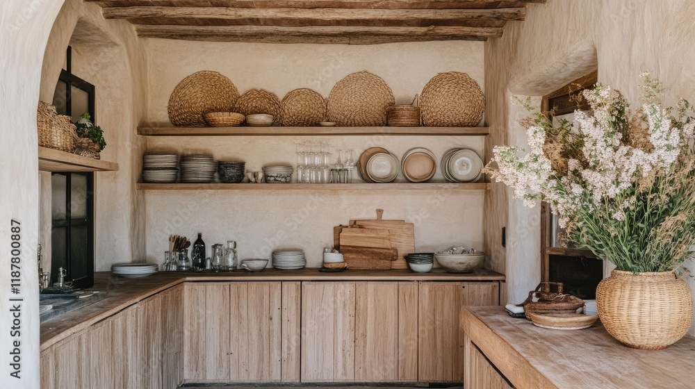 Obraz premium A rustic open kitchen with wooden shelves holding woven baskets and vintage plates.