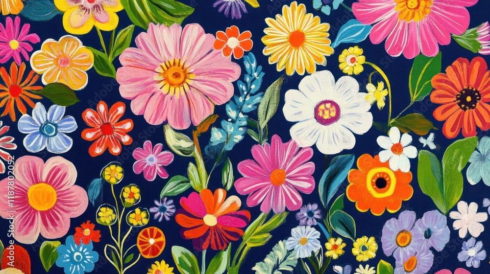 Vibrant floral painting, close-up, dark background, textile design Vibrant floral painting, close-up, dark background, textile design
