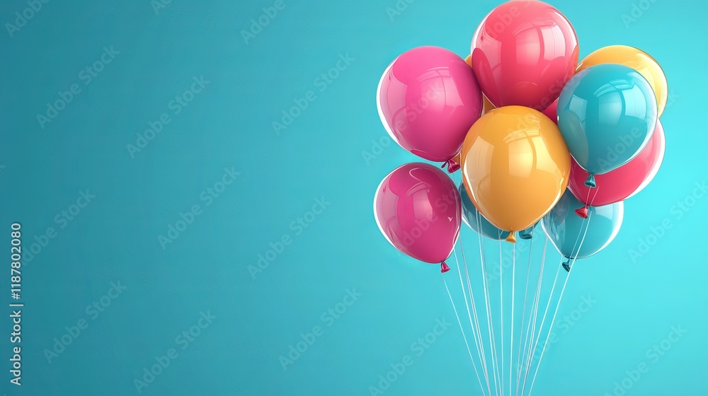 Colorful glossy happy birthday balloons with bright ribbon decorations on a festive background, vector illustration Colorful glossy happy birthday balloons with bright ribbon decorations on a festive background, vector illustration