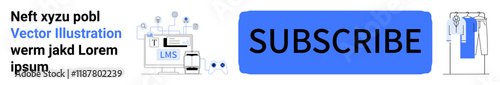 Blue SUBSCRIBE button in center, bookended by icons of a learning module and a user with notifications. Ideal for digital marketing, online courses, media content, tech blogs, UX design, user