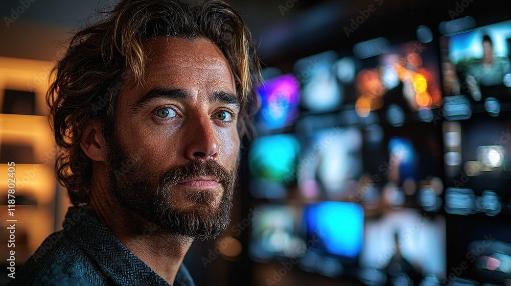 A man with a beard and long hair looks intently at a wall of video screens. Ideal for film, media, technology, and security applications. A man with a beard and long hair looks intently at a wall of video screens. Ideal for film, media, technology, and security applications.