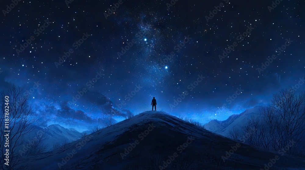 A silhouette of a person standing on a hill, gazing at the vastness of the stars. A silhouette of a person standing on a hill, gazing at the vastness of the stars.