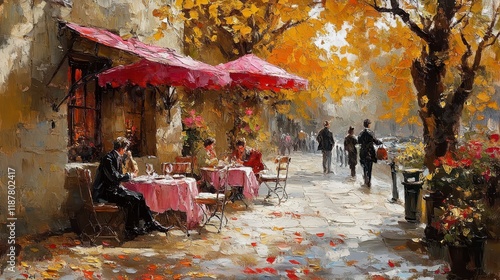 Autumnal Parisian street cafe scene with people dining outdoors under red umbrellas. photo