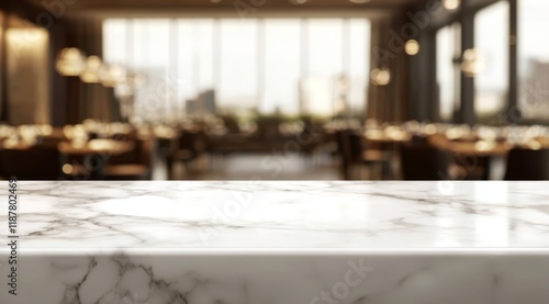 Elegant white marble table top with a bokeh restaurant backdrop.