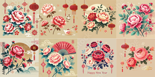 set image of Lunar year peony flower design on peach background