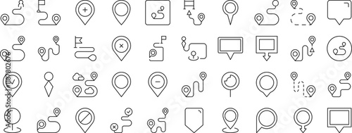 Pack of Map Pin Related Line Icons. Outline Signs for Graphic and Web Design, Apps, Adverts, Various Cards